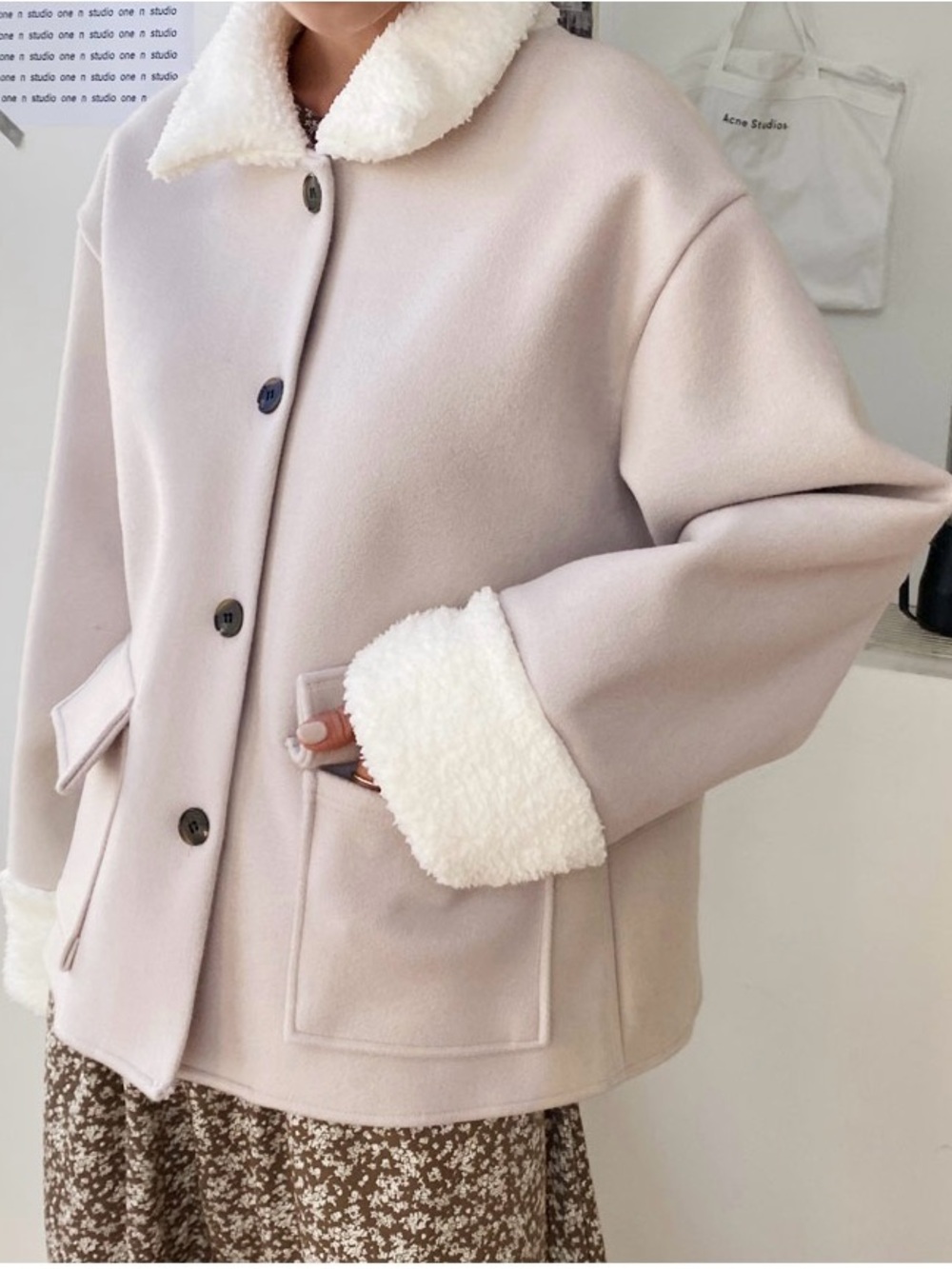 WiFi Light Blush Pink Sherpa Trim Oversized Shacket Jacket Women’s Size M - Picture 7 of 12
